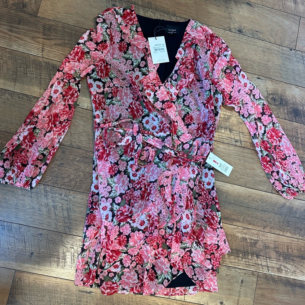 Bardot floral Wrap Dress with Pink and Red Flowers- size xl nwt